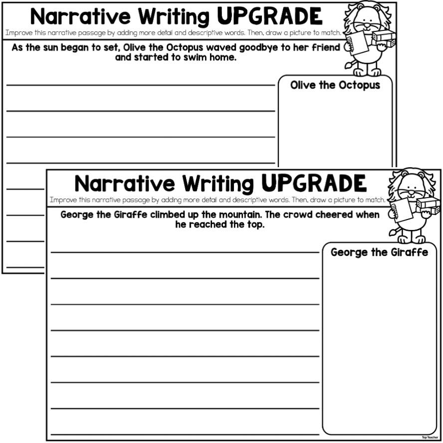 Two stacked narrative writing worksheet pages with lined spaces and cartoon animals