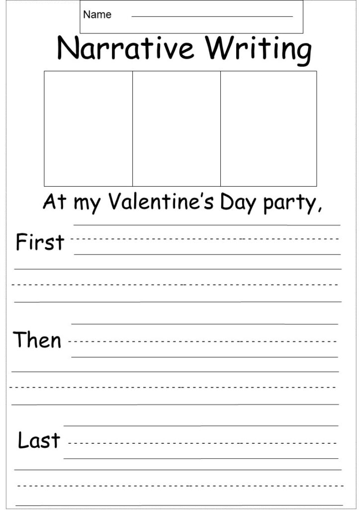 Narrative writing worksheet with Valentine’s Day prompt and lines