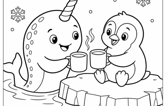 Narwhal and penguin holding mugs on ice floe