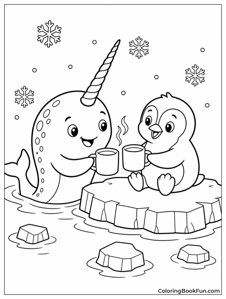 Narwhal and penguin holding mugs on ice floe