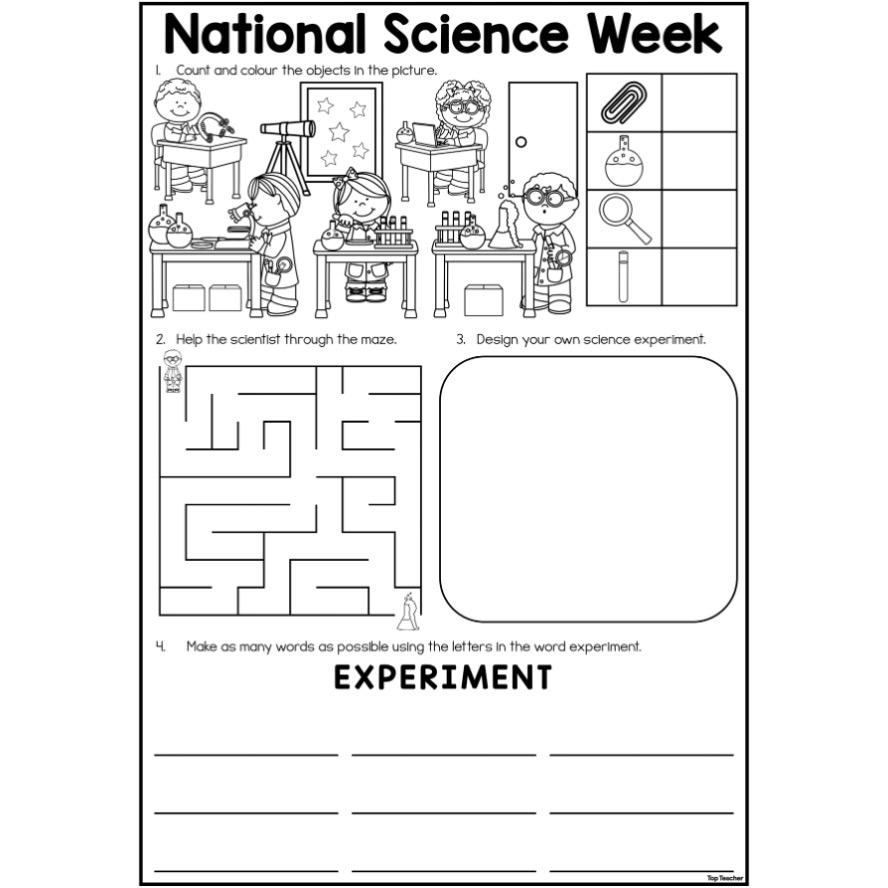 National Science Week science worksheet with maze and pictures