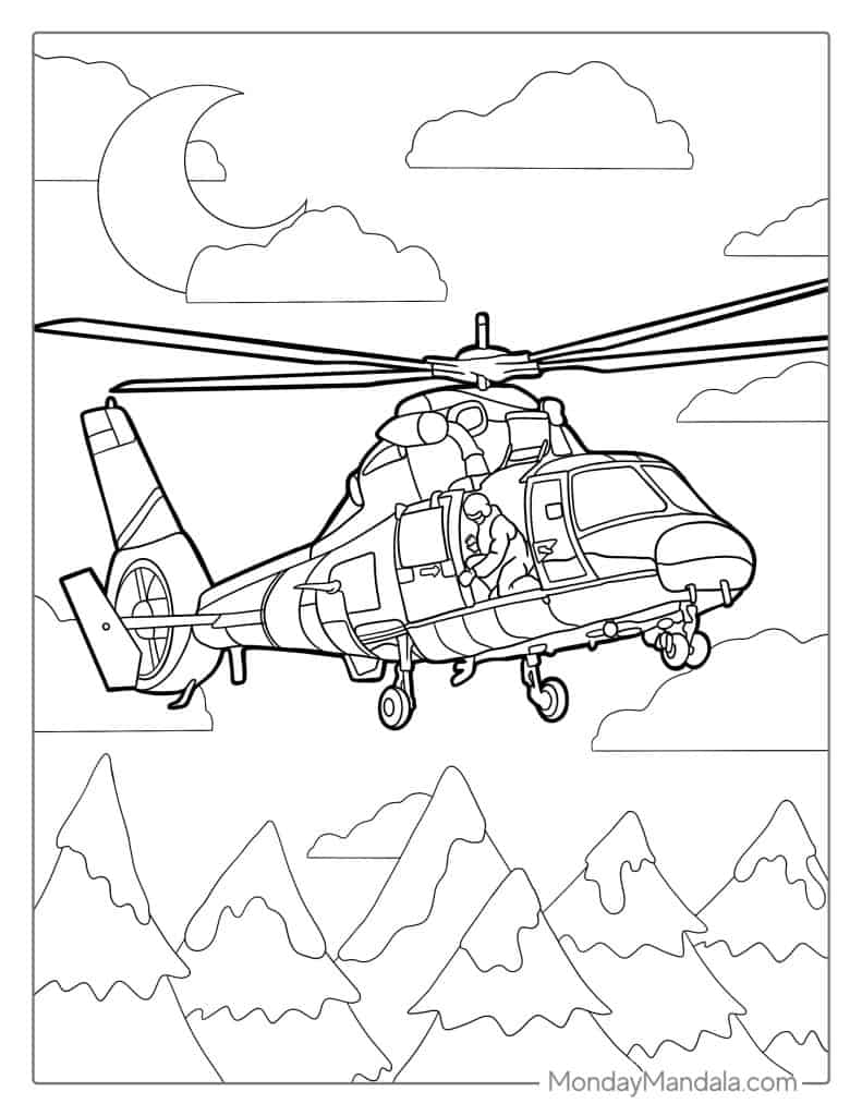 Line drawing of a helicopter flying above mountains and clouds