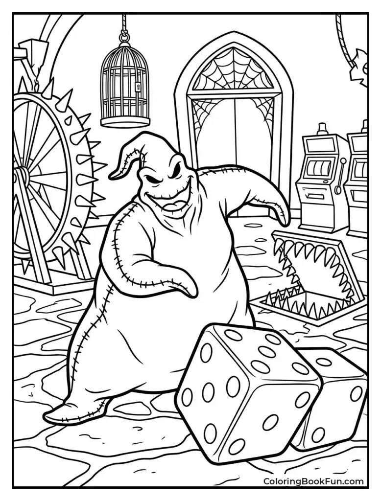 Grinning monster in spooky room with dice, wheel, cage