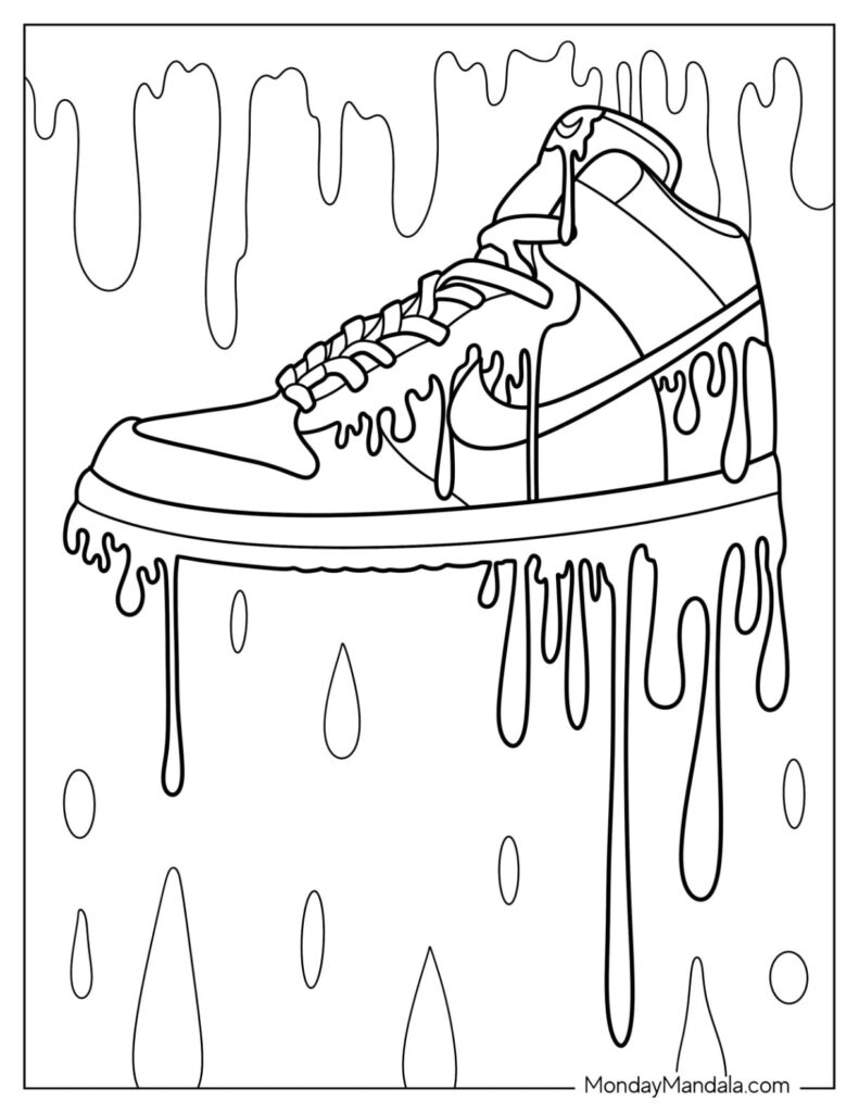 Black-and-white outline of a dripping sneaker coloring page