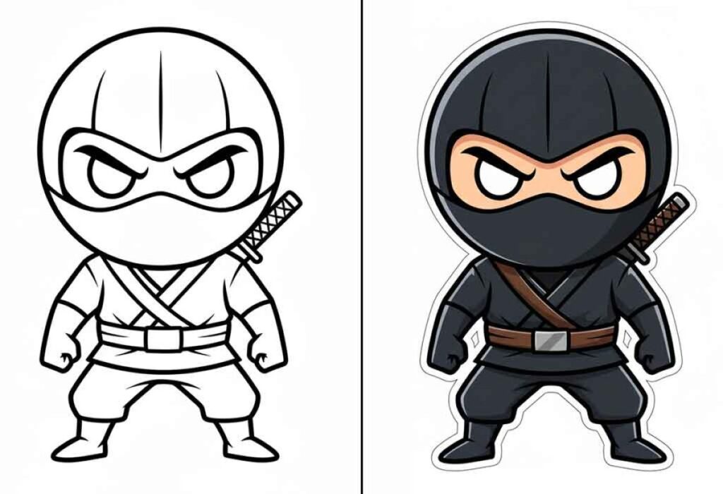 Black ninja cartoon, line drawing beside colored version