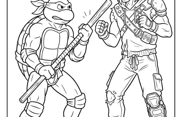 Ninja turtle facing masked swordsman with baton