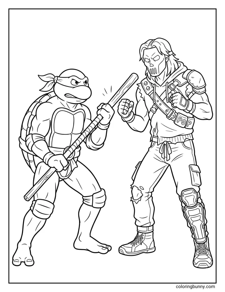 Ninja turtle facing masked swordsman with baton