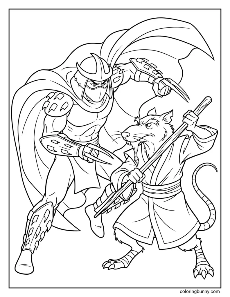 Ninja turtle fighting a rat with a staff