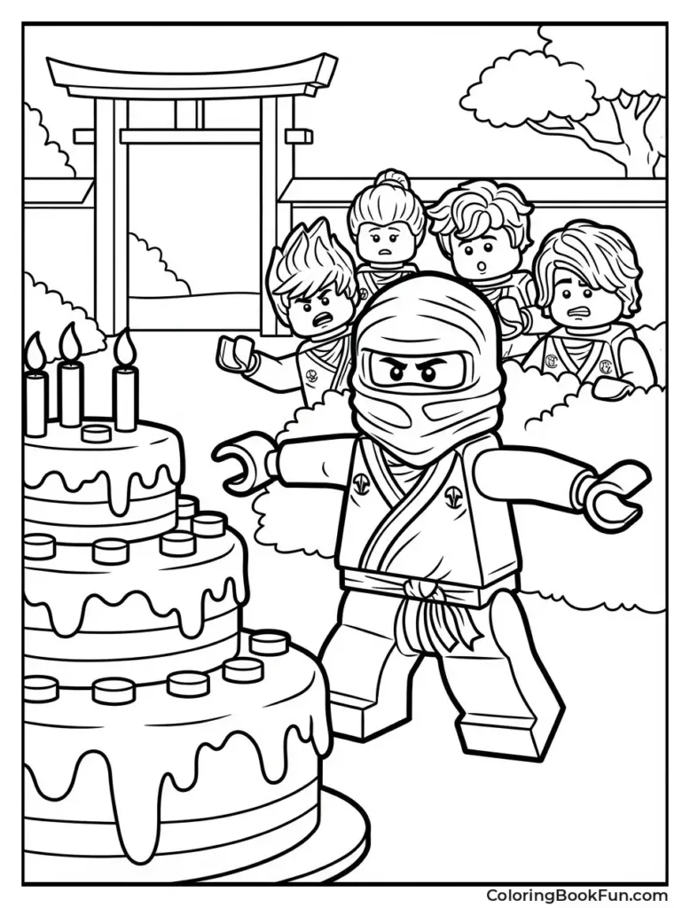 Ninja holding cake with four shocked figures behind him