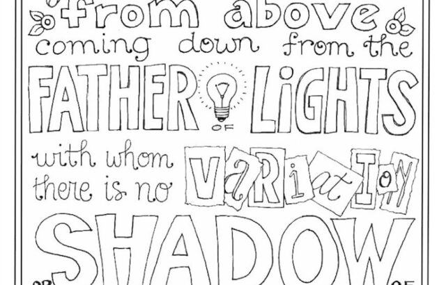 Black-and-white Bible verse coloring page with gift illustration