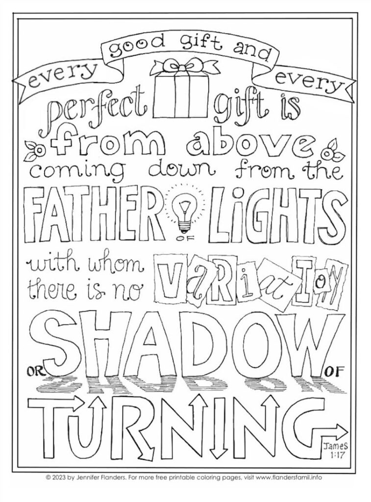Black-and-white Bible verse coloring page with gift illustration