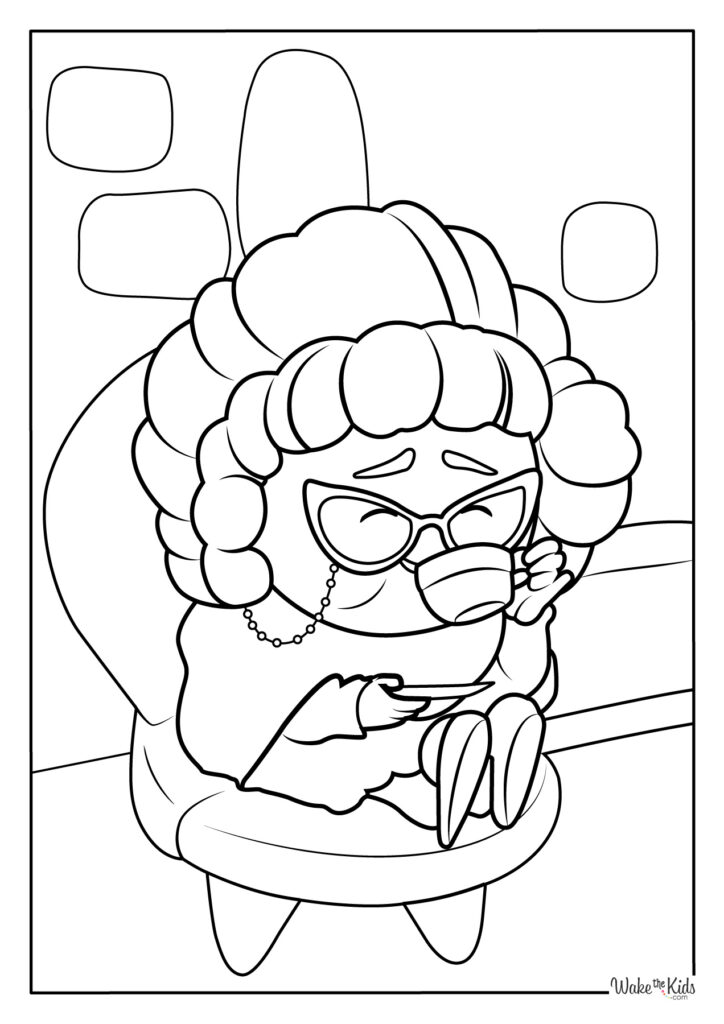 Black-and-white cartoon woman lounging in armchair, holding cup
