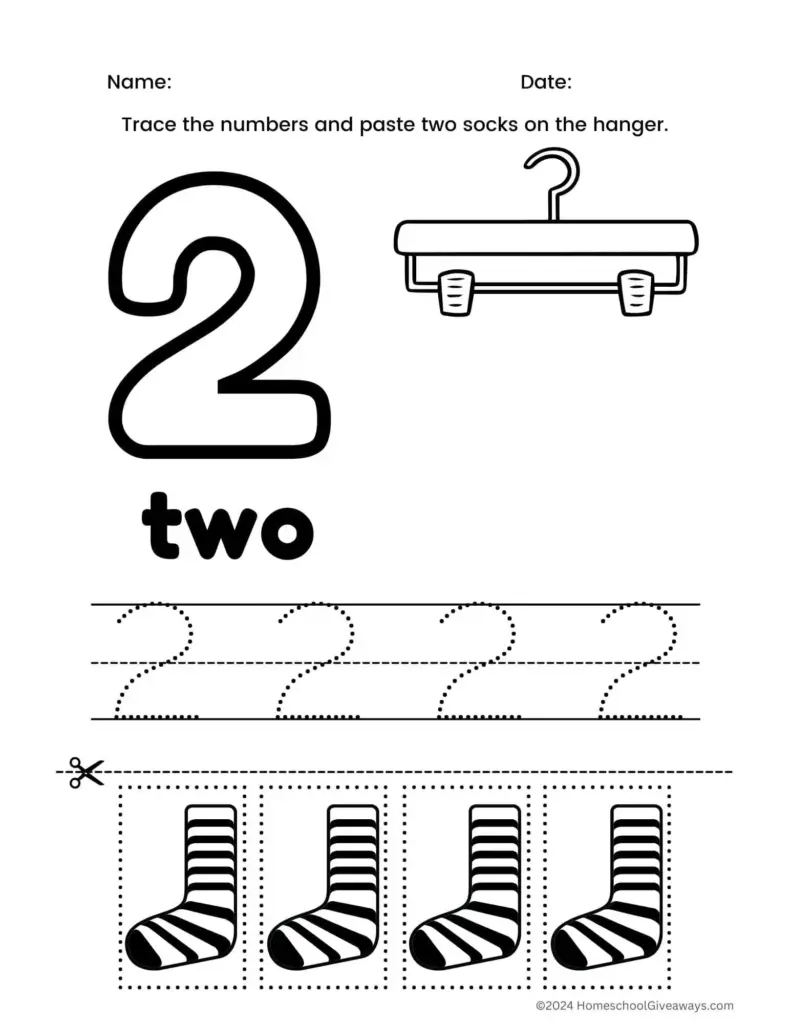 Number two tracing worksheet with socks and hanger