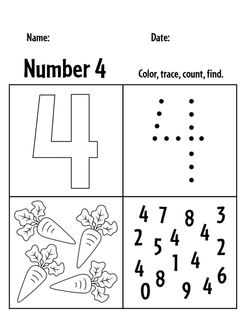 Number 4 worksheet with tracing and counting activities