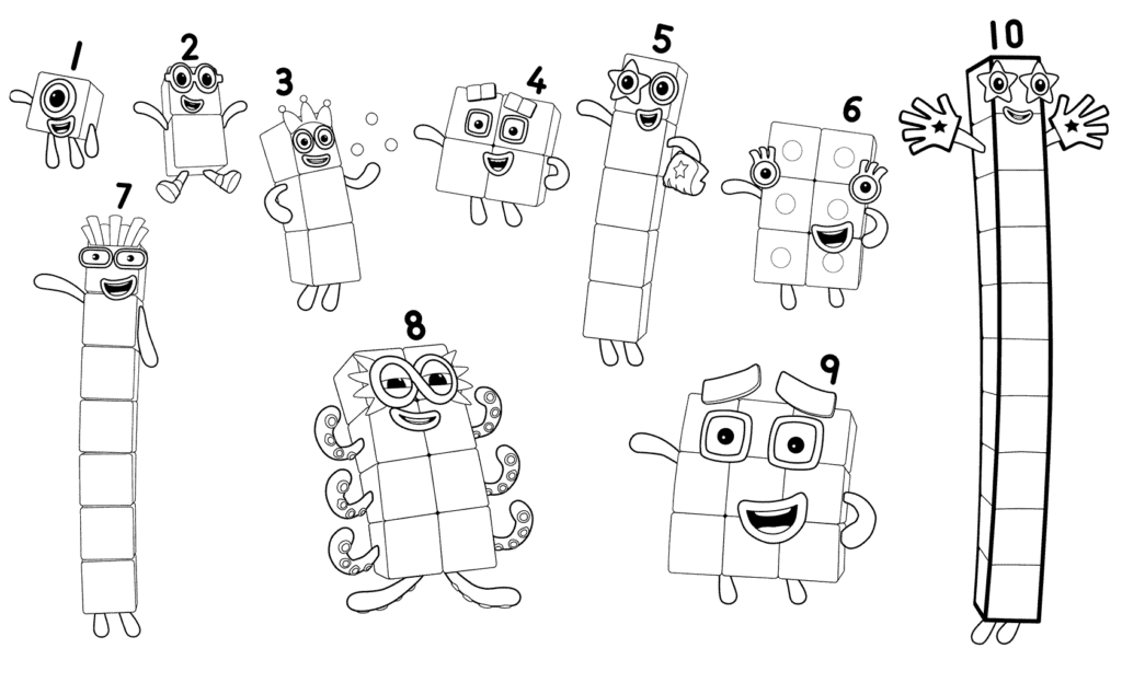 Numbered cartoon block characters on white background