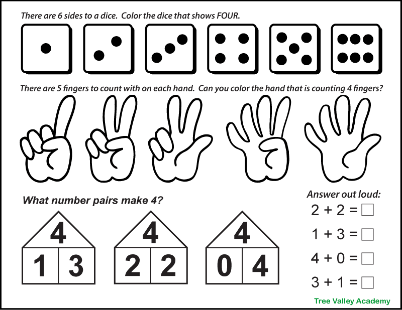 Number four worksheet with dice, hands, and number pairs to 4