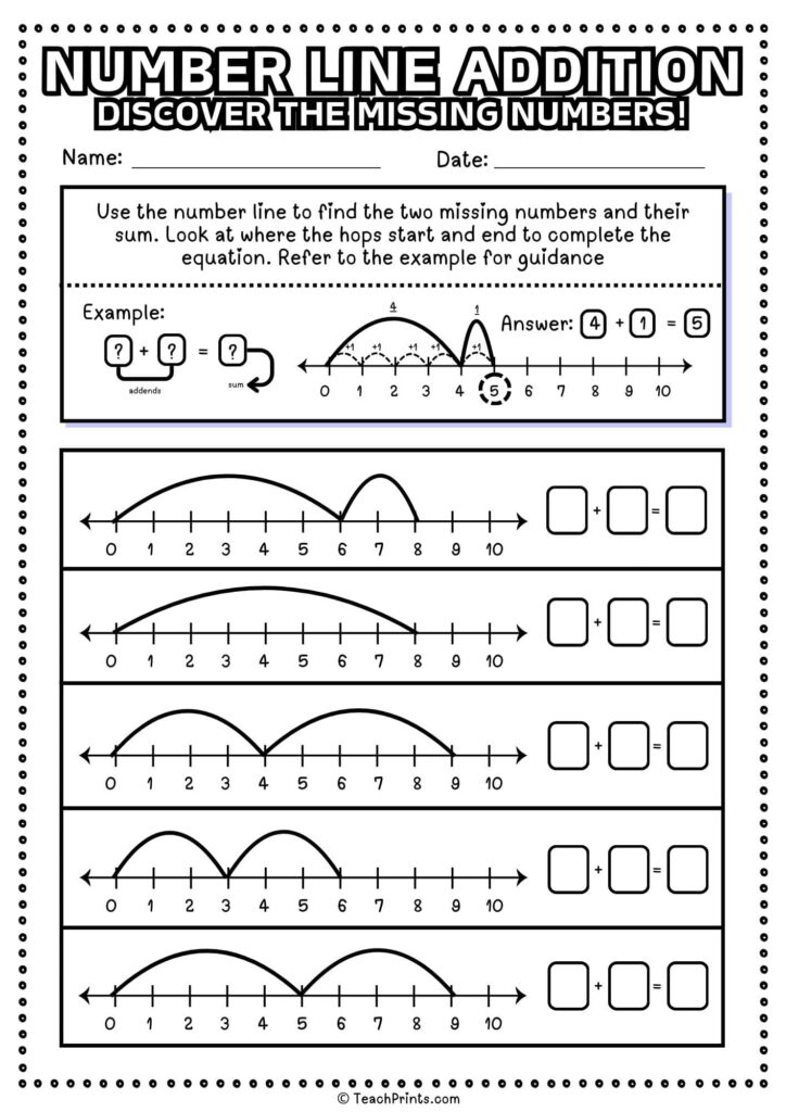 Number line addition worksheet with hop arcs and answer boxes