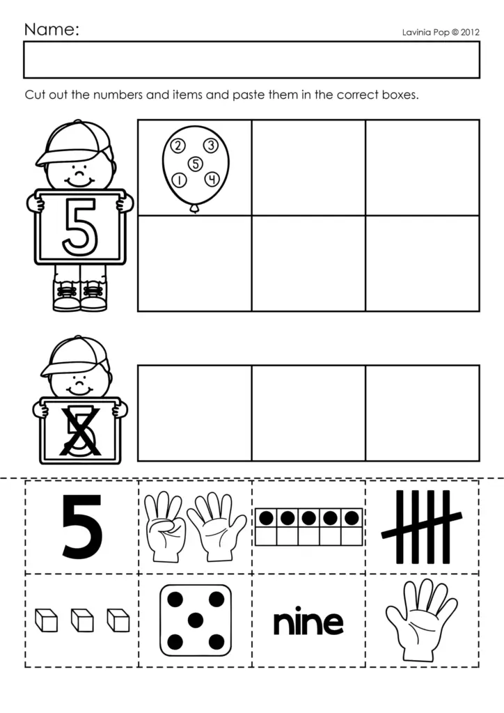 Number matching worksheet with child, boxes, and cutouts