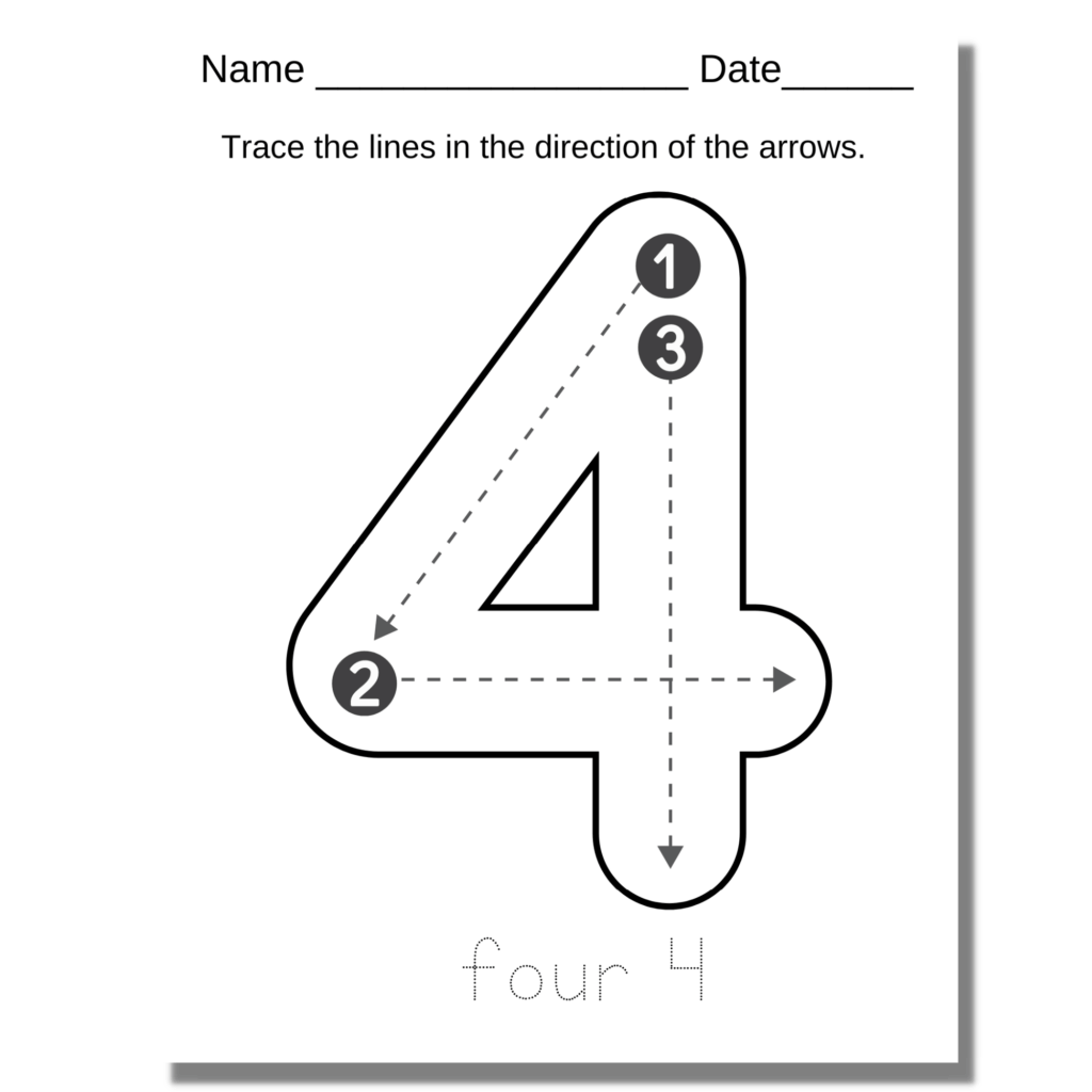 Number four tracing worksheet with arrows and dotted lines