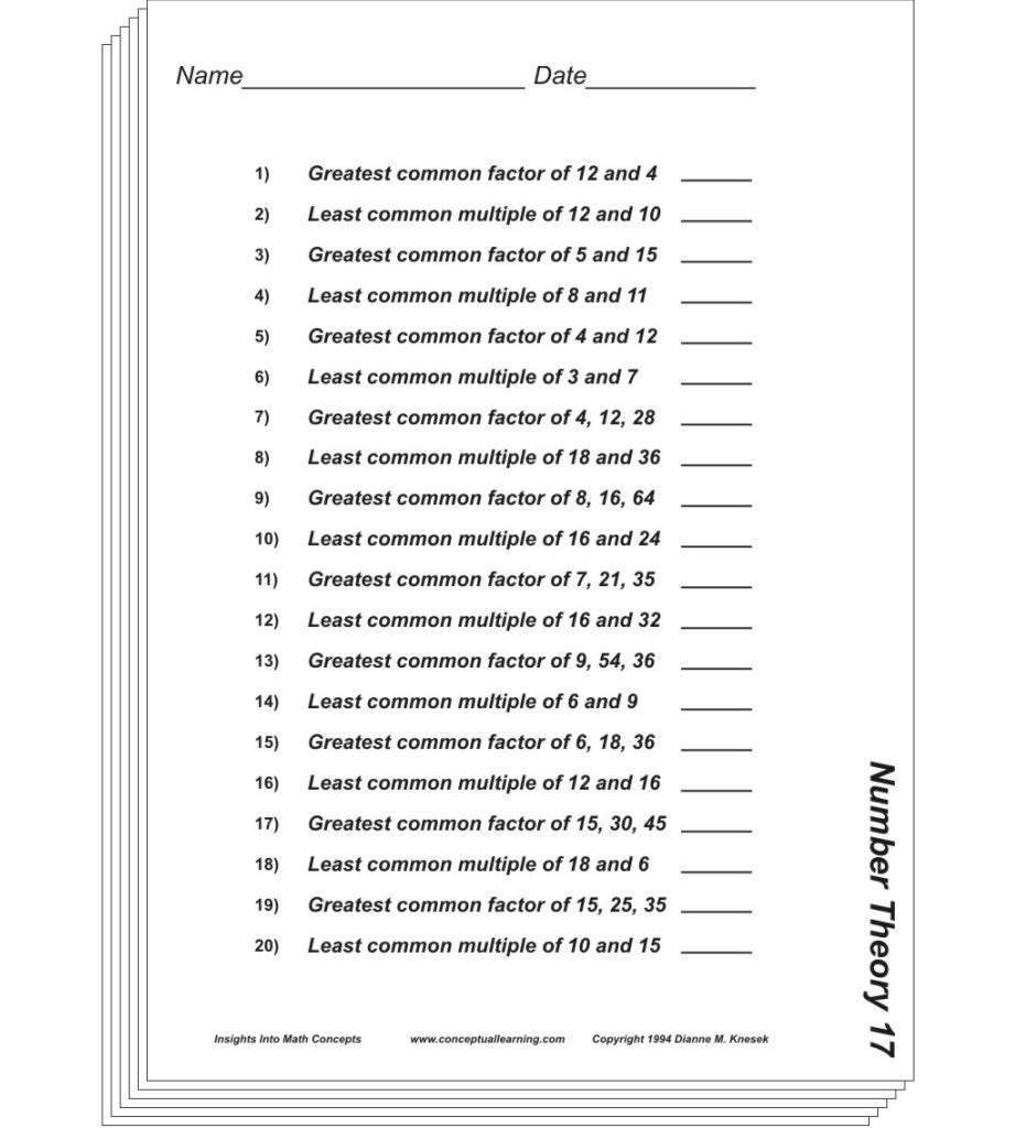 Stack of number theory worksheet pages with math questions