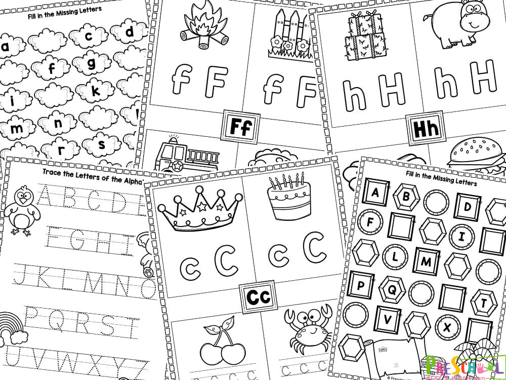 Collage of black-and-white alphabet tracing worksheets and pictures