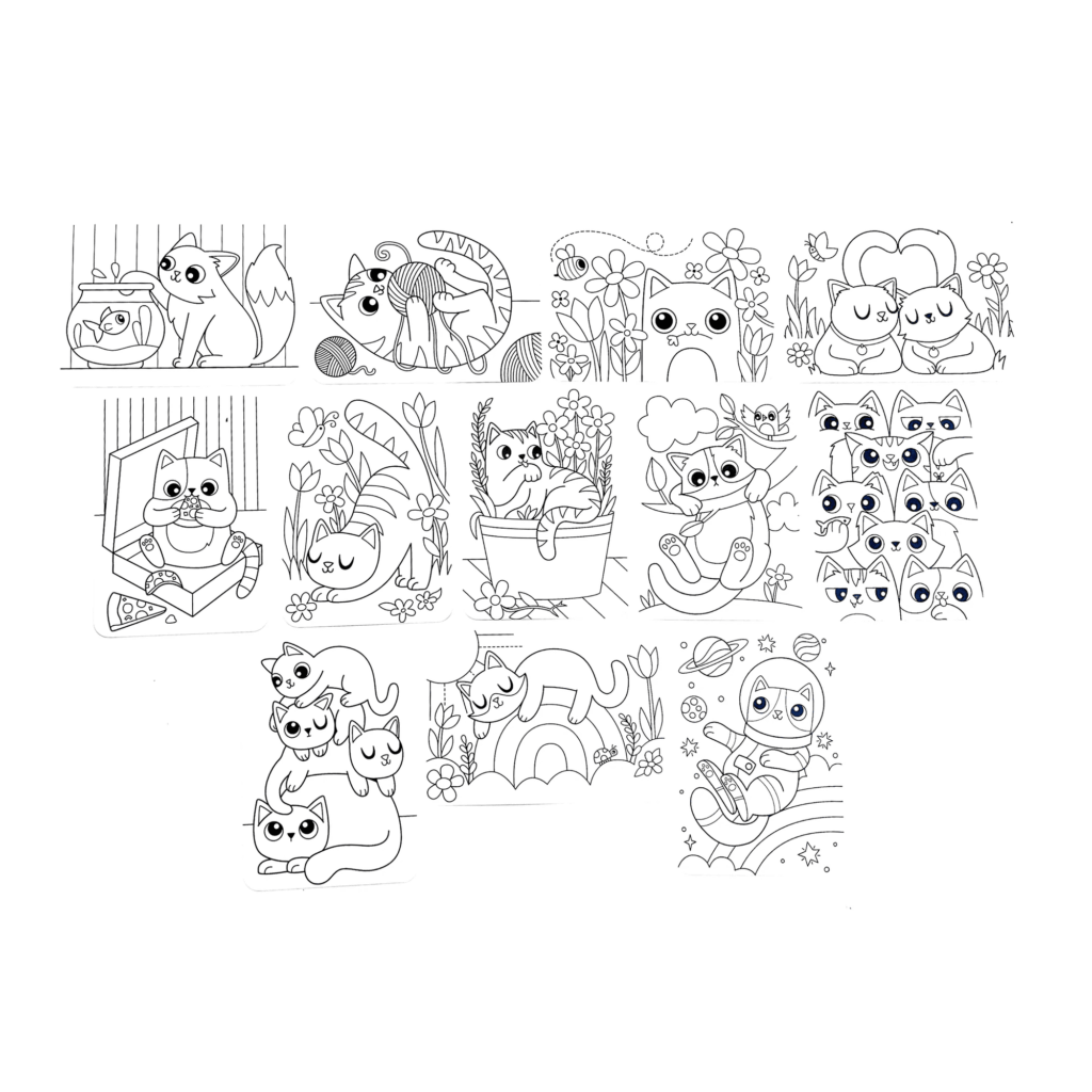 Black-and-white cat coloring page collage with multiple scenes