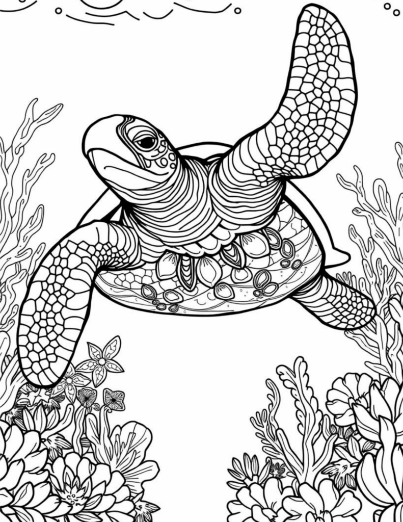 Line drawing of sea turtle swimming above coral