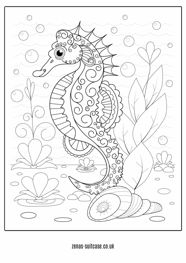 Decorative seahorse coloring page with shells and leaves