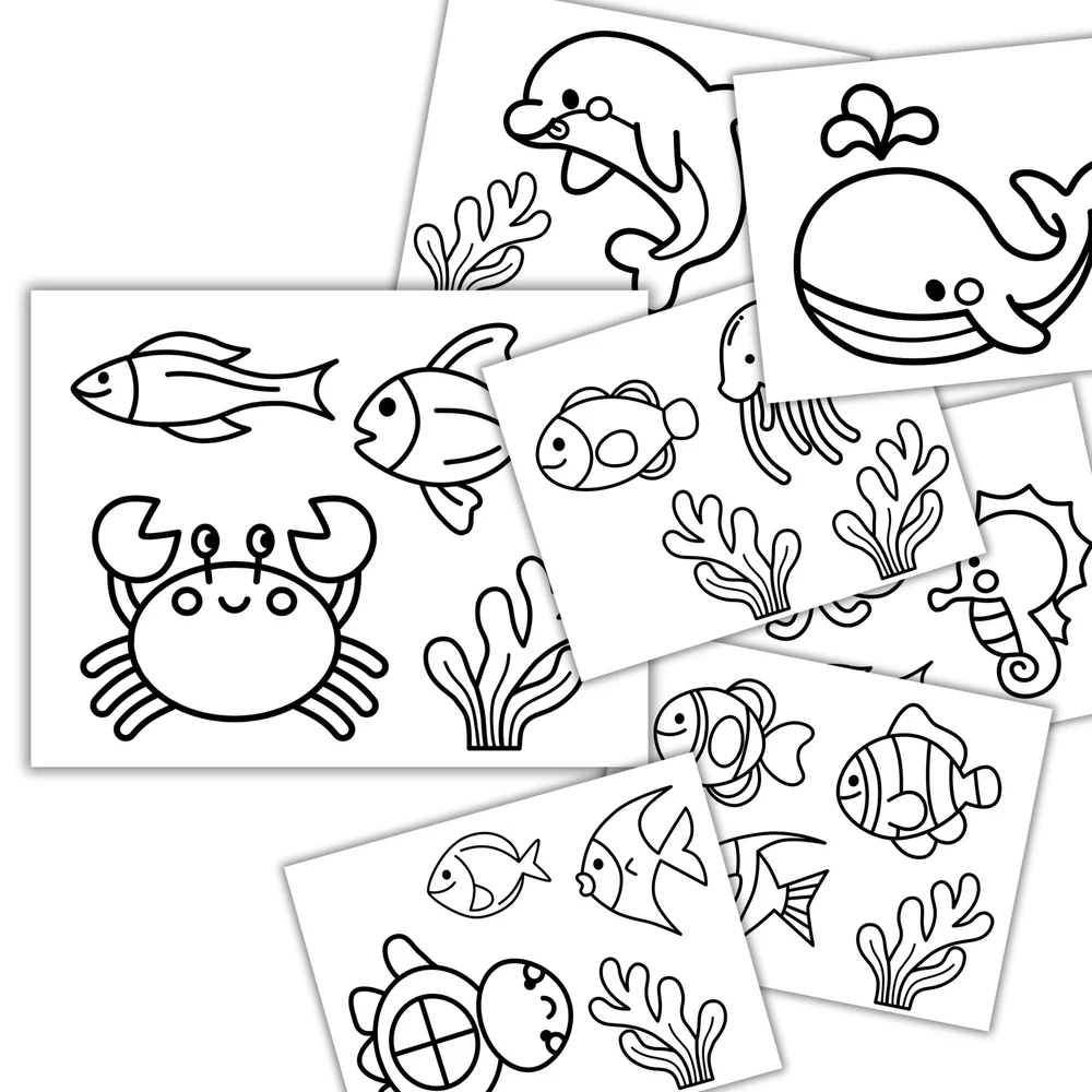 Stacked ocean animal coloring pages on white background