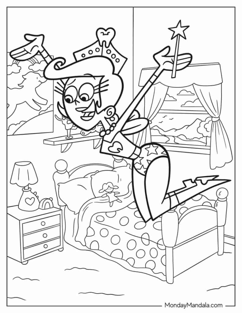Cartoon princess jumping in a bedroom coloring page