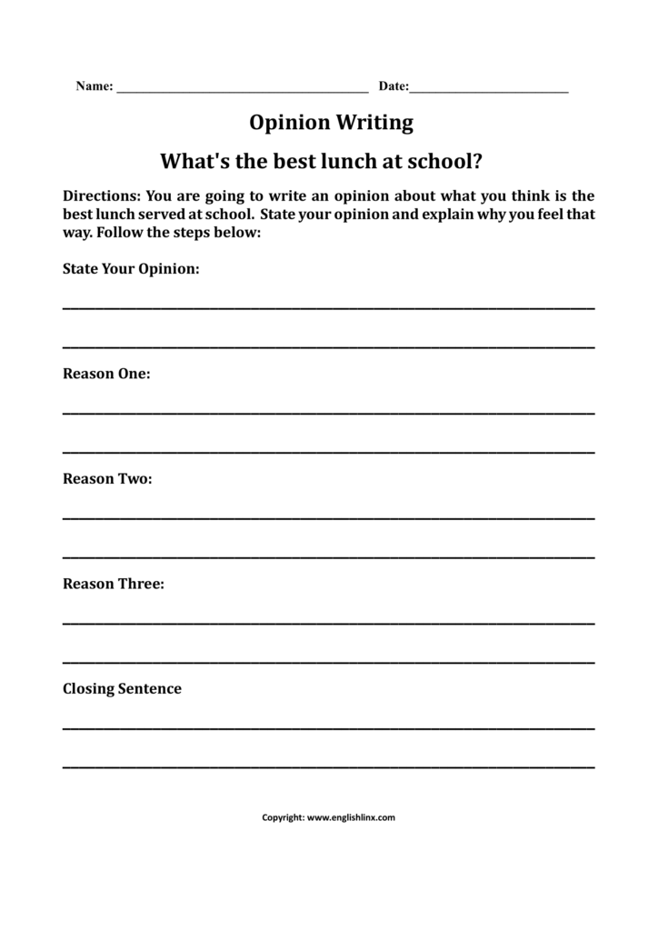 Opinion writing worksheet about best school lunch choice