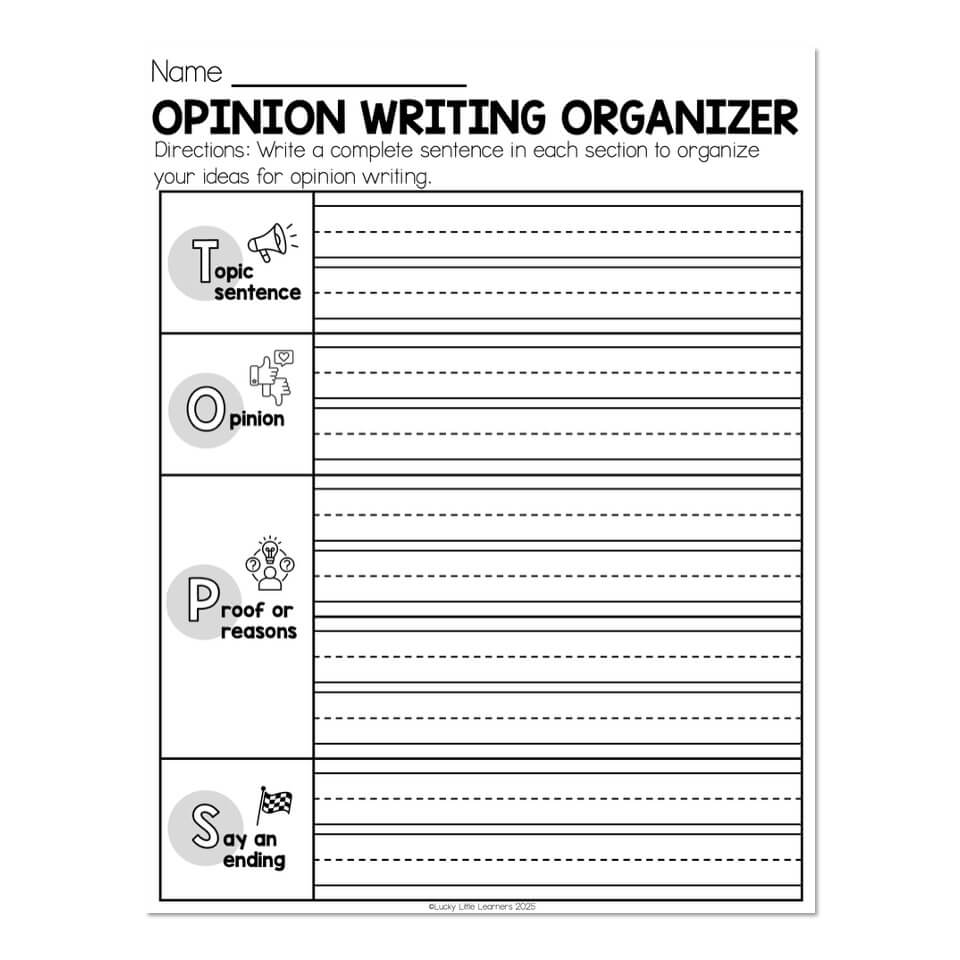 Opinion writing organizer worksheet with lined sections and icons