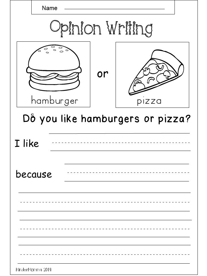 Opinion writing worksheet about hamburgers or pizza
