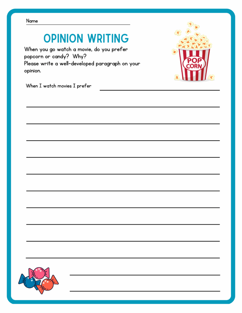 Opinion writing worksheet with popcorn and candy illustration