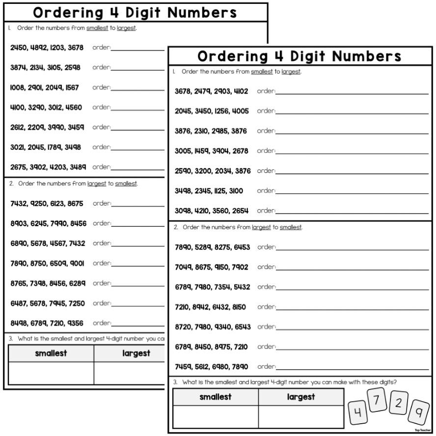 Two overlapping ordering four-digit numbers worksheets on white background