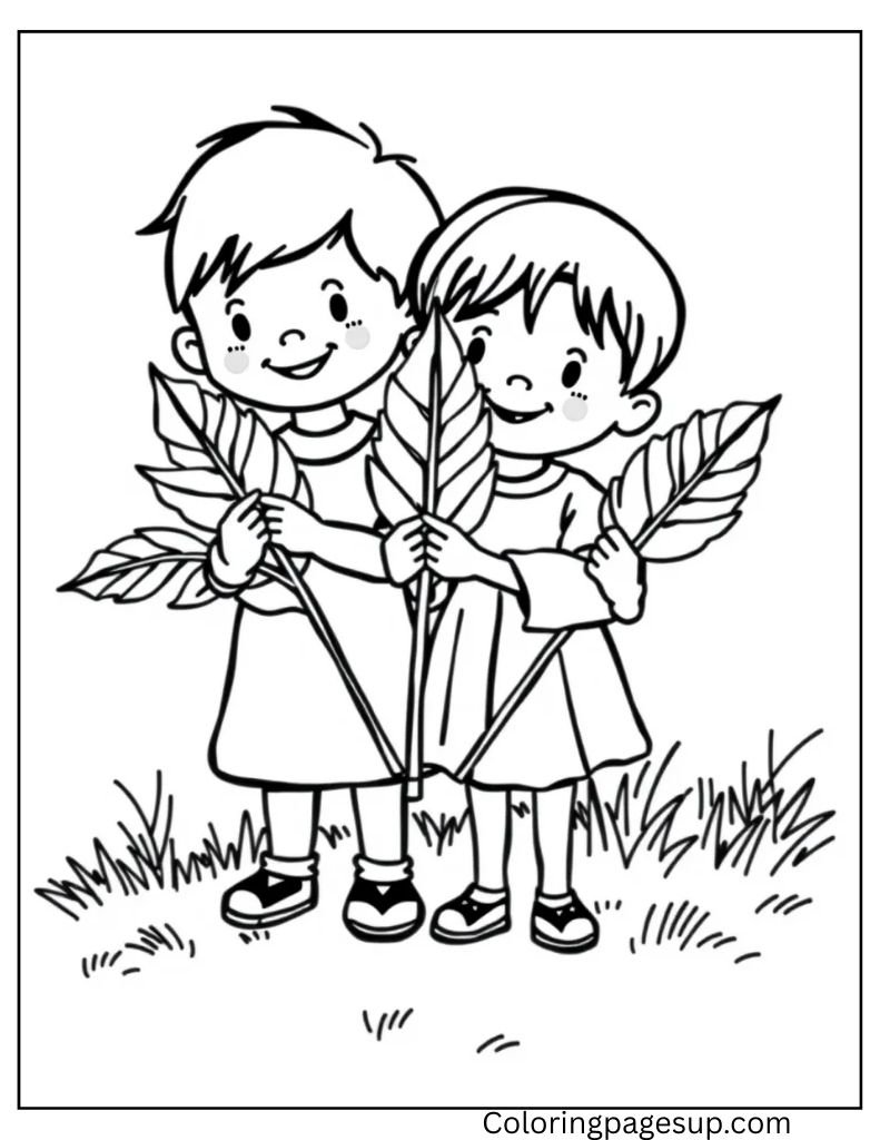 Two children holding palm branches in grass, coloring page