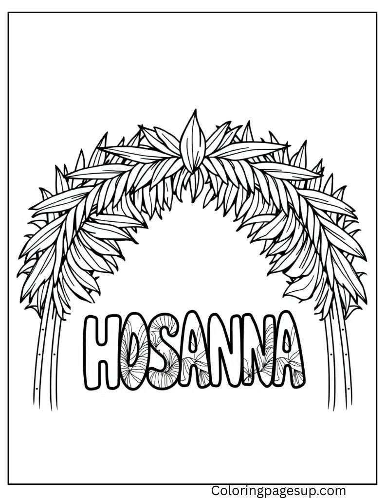 Palm leaf arch with Hosanna text coloring page
