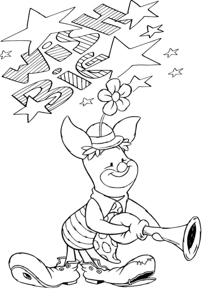 Cartoon pig holding horn under star-filled letters