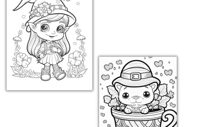 Two coloring pages: girl and leprechaun cat