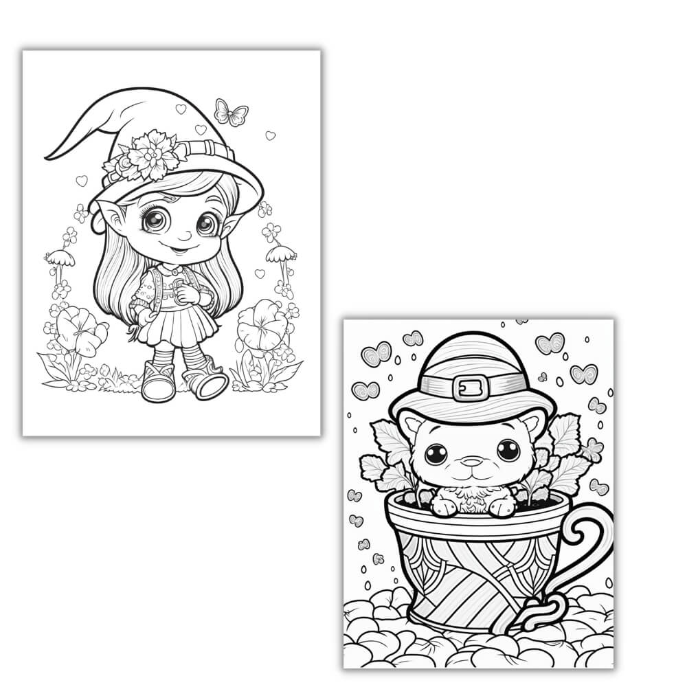 Two coloring pages: girl and leprechaun cat