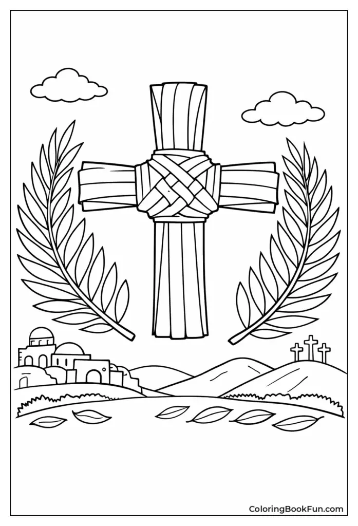 Line drawing of palm cross with palm branches