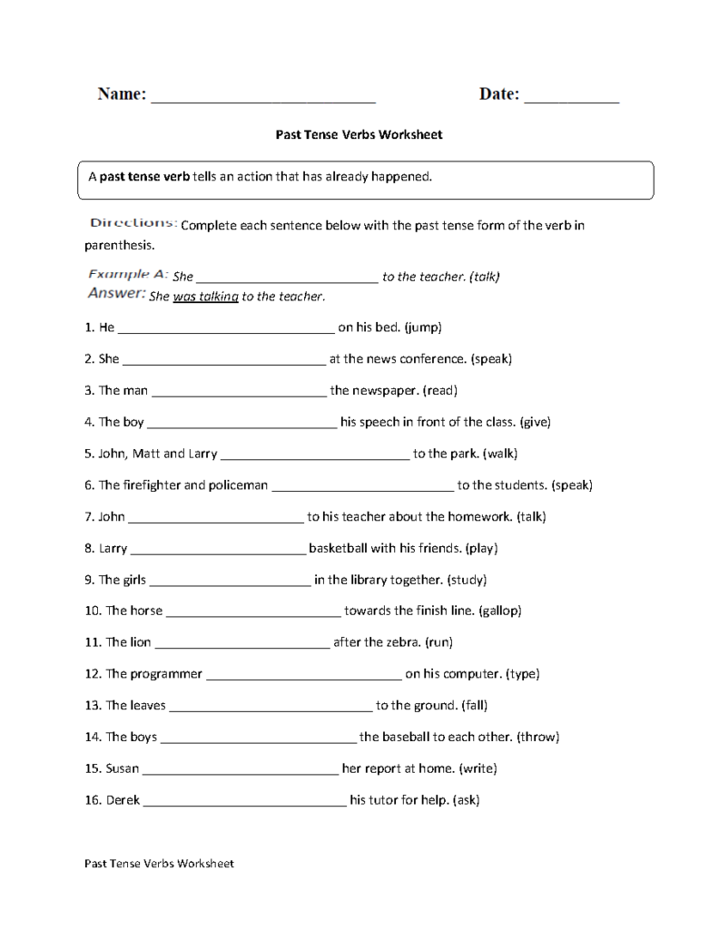 Past tense verbs worksheet with fill-in-the-blank sentences
