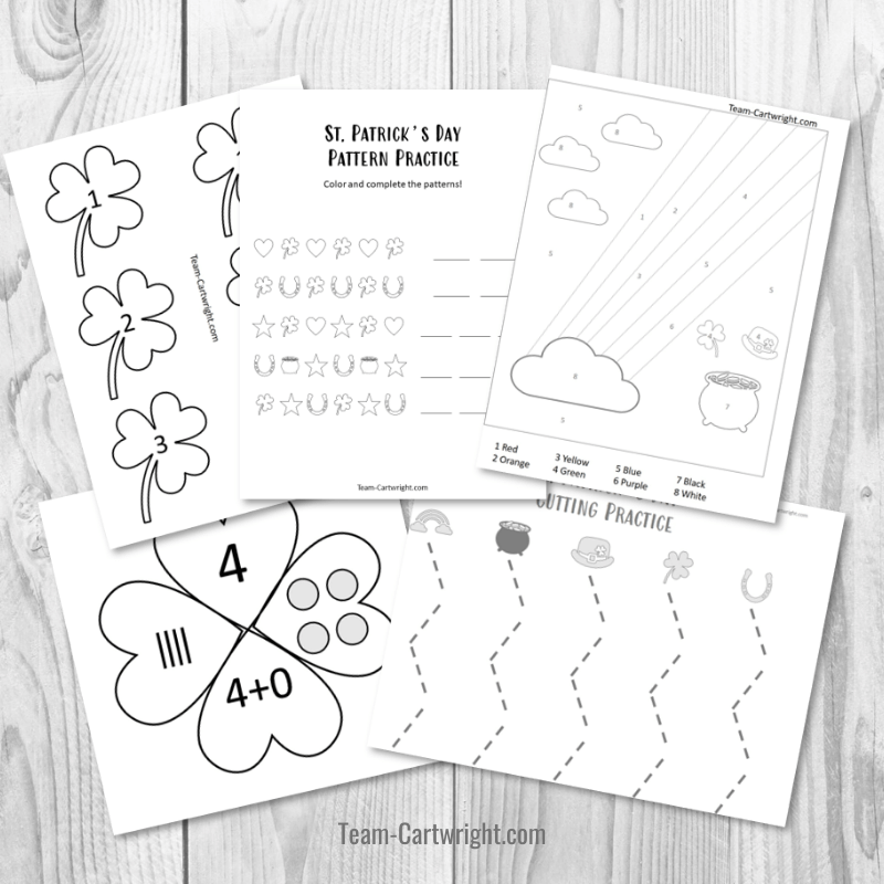 St. Patrick’s Day worksheet pages on wooden surface