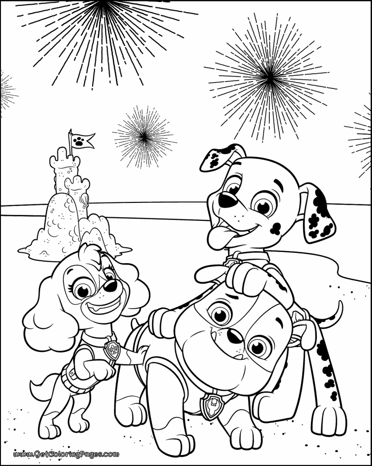 Three cartoon puppies on a beach with fireworks