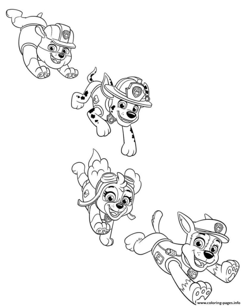 Four cartoon puppies in firefighter helmets flying on white background