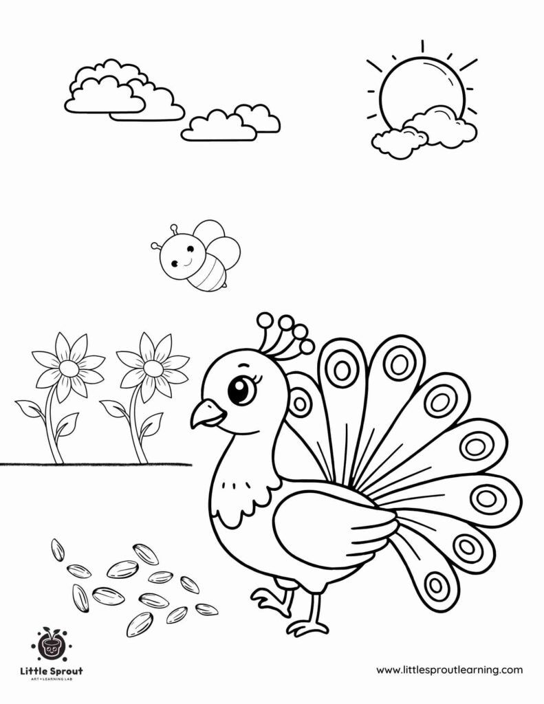Black-and-white peacock coloring page with clouds, sun, flowers