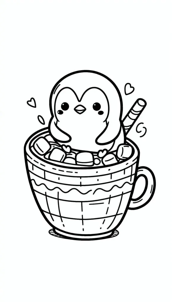 Cute penguin in teacup with marshmallows