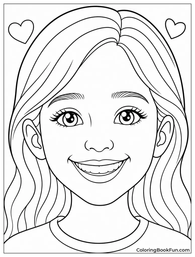 Smiling girl coloring page with hearts overhead