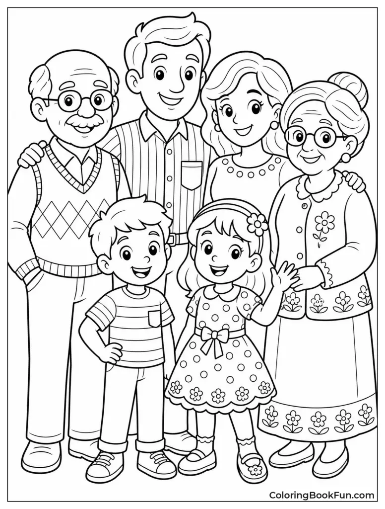 Black-and-white drawing of smiling family portrait