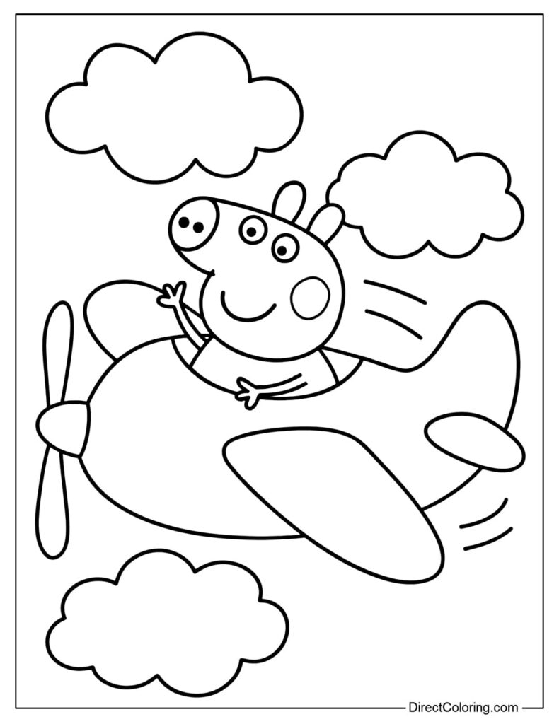 Line drawing of pig flying airplane among clouds